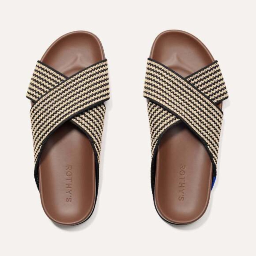 Rothy's Black and Cream Woven Cross-Strap Slide Sandals
